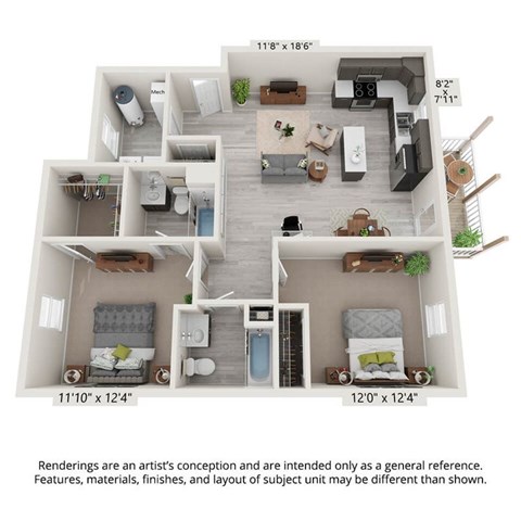 Floor plan for 2 beds, 2 baths, 1104 sqft